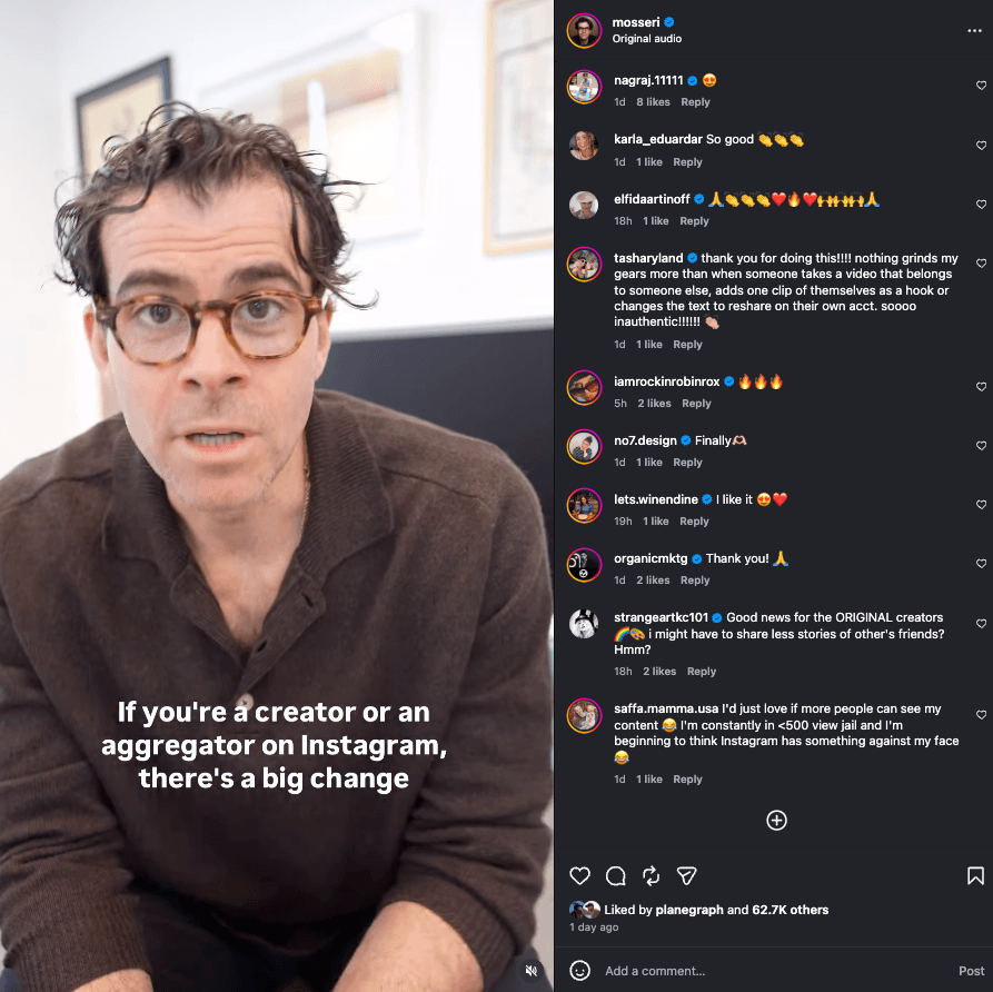 Screenshot of Adam Mosseri's Instagram reel about reposted content and recommendation changes